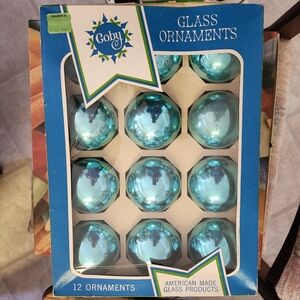 Coby Blue Glass Ornaments - Set of 12 Made In USA New Old Stock Torn Plastic